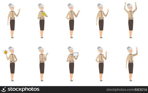 Senior caucasian business woman set. Business woman giving thumb up, showing ok sign, pointing finger, standing with raised arms. Set of vector flat design illustrations isolated on white background.. Caucasian business woman vector illustrations set.