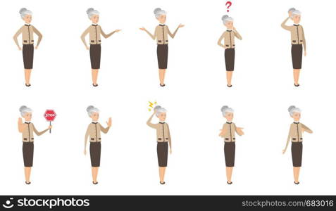 Senior caucasian business woman set. Business woman shrugging shoulders, scratching head, showing palm, standing under lightning. Set of vector flat design illustrations isolated on white background.. Caucasian business woman vector illustrations set.