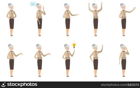 Senior caucasian business woman set. Business woman thinking, scratching head, showing stop road sign, thumb down, giving a speech. Set of vector flat design illustrations isolated on white background. Caucasian business woman vector illustrations set.