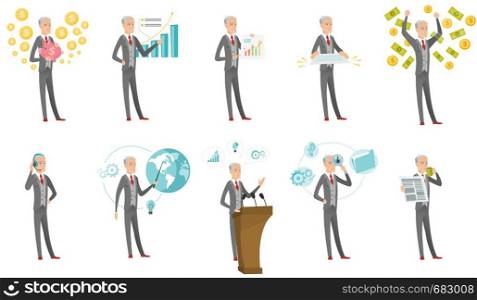 Senior caucasian businessman set. Businessman drinking coffee, giving a speech from the tribune, holding a document. Set of vector flat design cartoon illustrations isolated on white background.. Caucasian businessman vector illustrations set.