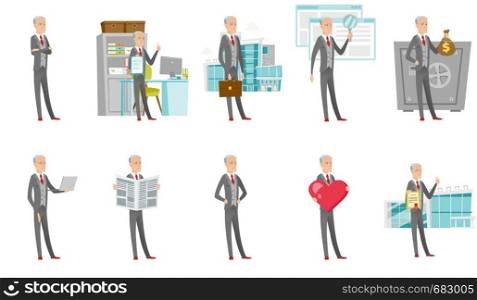 Senior caucasian businessman set. Businessman holding clipboard, sack with money, magnifying glass, giving thumb up. Set of vector flat design cartoon illustrations isolated on white background.. Caucasian businessman vector illustrations set.