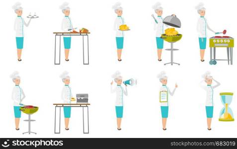 Senior caucasian chef set. Chef holding tray, plate with chicken, cooking steak on grill, making coffee with a coffee-machine. Set of vector flat design illustrations isolated on white background.. Senior caucasian chef vector illustrations set.