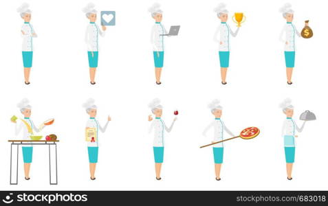 Senior caucasian chef set. Chef preparing pizza, working on laptop, holding a golden trophy, money bag, certificate, glass of wine. Set of vector flat design illustrations isolated on white background. Senior caucasian chef vector illustrations set.