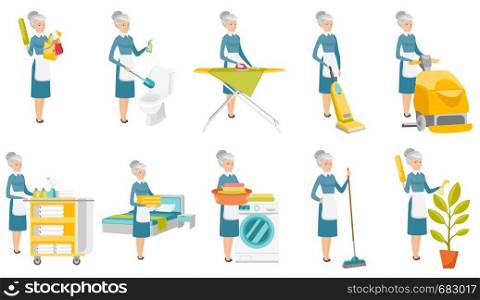 Senior caucasian cleaner set. Cleaner cleaning toilet, ironing, using vacuum, washing, watering flower, sweeping, making bed. Set of vector flat design illustrations isolated on white background.. Senior caucasian cleaner vector illustrations set.