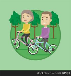 Senior caucasian couple riding on bicycles in the park. Retired couple biking. Active senior couple enjoying walk with bicycles. Vector flat design illustration in the circle isolated on background.. Happy senior couple riding on bicycles in the park