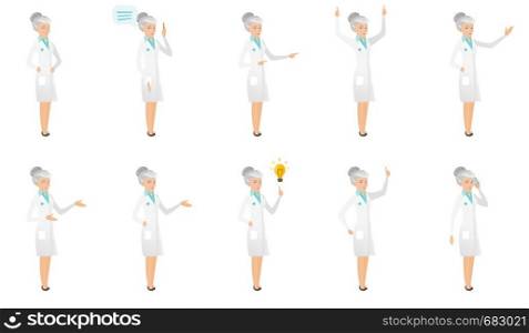 Senior caucasian doctor set. Doctor laughing, pointing at idea light bulb, standing with raised arms up, talking on a mobile phone. Set of vector flat design illustrations isolated on white background. Senior caucasian doctor vector illustrations set.