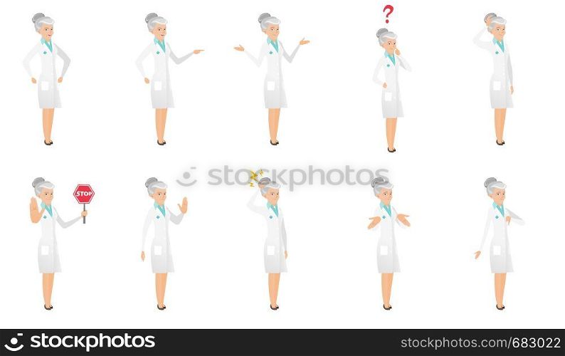 Senior caucasian doctor set. Doctor screaming, shaking finger, shrugging shoulders, looking at question, showing stop road sign. Set of vector flat design illustrations isolated on white background.. Senior caucasian doctor vector illustrations set.