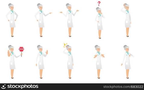 Senior caucasian doctor set. Doctor screaming, shaking finger, shrugging shoulders, looking at question, showing stop road sign. Set of vector flat design illustrations isolated on white background.. Senior caucasian doctor vector illustrations set.