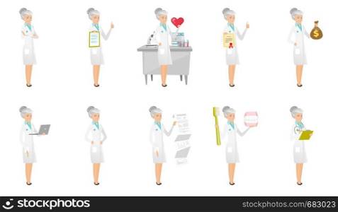 Senior caucasian doctor set. Doctor showing heart, certificate, thumbs up, money bag, document with presentation, using a laptop. Set of vector flat design illustrations isolated on white background.. Senior caucasian doctor vector illustrations set.