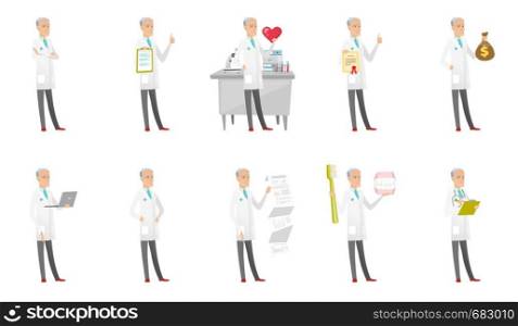 Senior caucasian doctor set. Doctor showing heart, thumbs up, money bag, document with presentation, using a laptop. Set of vector flat design cartoon illustrations isolated on white background.. Senior caucasian doctor vector illustrations set.