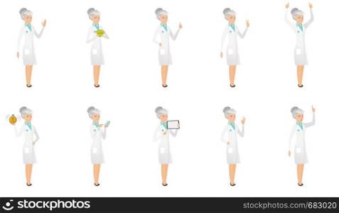 Senior caucasian doctor set. Doctor waving, holding money, giving thumb up, showing victory gesture, standing with raised arms up. Set of vector flat design illustrations isolated on white background.. Senior caucasian doctor vector illustrations set.