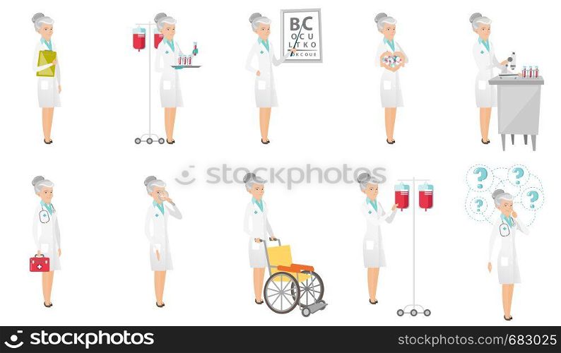 Senior caucasian doctor set. Laboratory assistant working with microscope, oculist pointing at eye chart, dentist with loupe. Set of vector flat design illustrations isolated on white background.. Senior caucasian doctor vector illustrations set.