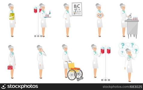 Senior caucasian doctor set. Laboratory assistant working with microscope, oculist pointing at eye chart, dentist with loupe. Set of vector flat design illustrations isolated on white background.. Senior caucasian doctor vector illustrations set.