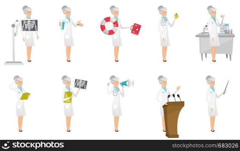 Senior caucasian doctor set. Paramedic running with lifebuoy, nutritionist holding apple, doctor with a stethoscope, radiograph. Set of vector flat design illustrations isolated on white background.. Senior caucasian doctor vector illustrations set.