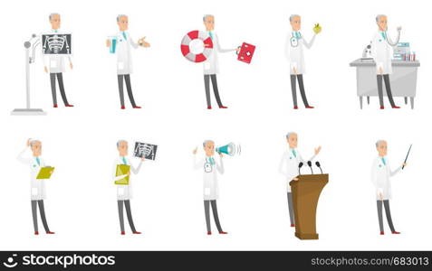 Senior caucasian doctor set. Paramedic with lifebuoy and first aid kit, nutritionist holding apple, doctor with radiograph. Set of vector flat design cartoon illustrations isolated on white background. Senior caucasian doctor vector illustrations set.