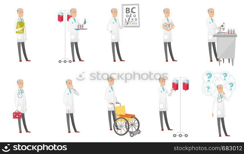 Senior caucasian doctor set. Scientist working with microscope, ophthalmologist pointing at eye chart, dentist with loupe. Set of vector flat design cartoon illustrations isolated on white background.. Senior caucasian doctor vector illustrations set.
