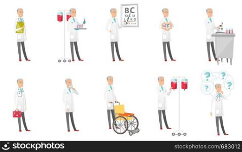 Senior caucasian doctor set. Scientist working with microscope, ophthalmologist pointing at eye chart, dentist with loupe. Set of vector flat design cartoon illustrations isolated on white background.. Senior caucasian doctor vector illustrations set.