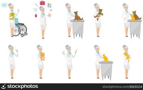Senior caucasian doctor set. Veterinarian examining dog, doctor holding syringe, thermometer, pills, pediatrician with teddy bear. Set of vector flat design illustrations isolated on white background.. Senior caucasian doctor vector illustrations set.
