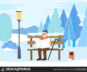 Senior character sitting on snowy bench and holding newspaper in winter park. Male character in glasses reading paper outdoor. Older human walking near fir-trees with snow-falling weather vector. Grandfather Reads Newspaper in Winter Park Vector