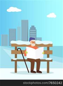 Senior character sitting on snowy bench with stick in city. Older man reading newspaper in urban winter park with skyscrapers view. Person leisure in frost season outdoor near high building vector. Older Man Reading Newspaper in Urban Park Vector