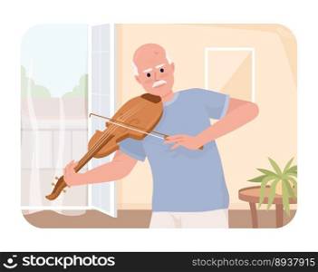Senior citizen learning musical instrument 2D vector isolated illustration. Elderly man playing violin flat character on cartoon background. Colorful editable scene for mobile, website, presentation. Senior citizen learning musical instrument 2D vector isolated illustration