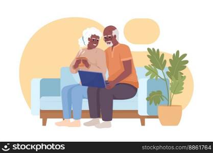 Senior citizens learning how to use laptop 2D vector isolated illustration. Pensioners watching video flat characters on cartoon background. Colorful editable scene for mobile, website, presentation. Senior citizens learning how to use laptop 2D vector isolated illustration