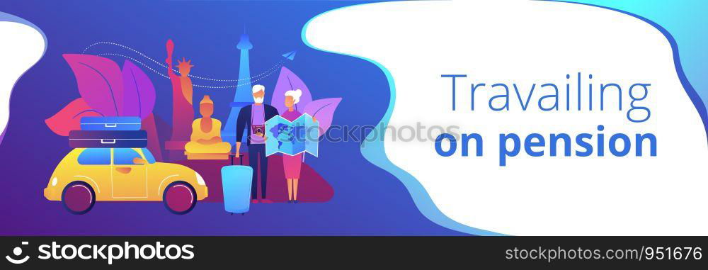 Senior couple abroad road trip. Elderly people on around world sightseeing tour. Retirement travel, traveling on pension, slow travel method concept. Header or footer banner template with copy space.. Retirement travel concept banner header