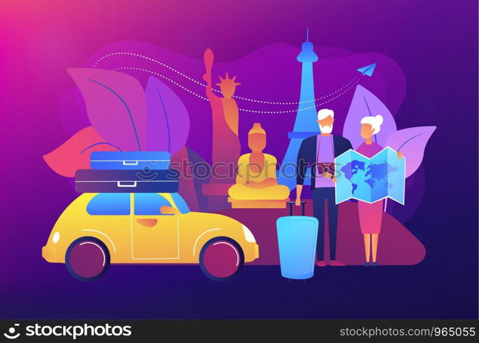 Senior couple abroad road trip. Elderly people on around world sightseeing tour. Retirement travel, traveling on pension, slow travel method concept. Bright vibrant violet vector isolated illustration. Retirement travel concept vector illustration