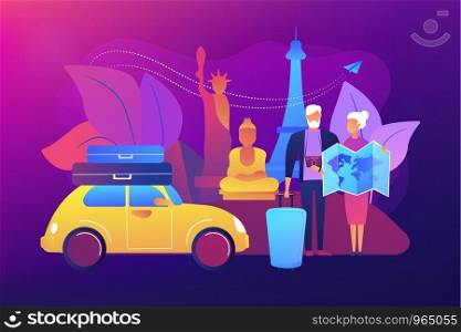 Senior couple abroad road trip. Elderly people on around world sightseeing tour. Retirement travel, traveling on pension, slow travel method concept. Bright vibrant violet vector isolated illustration. Retirement travel concept vector illustration