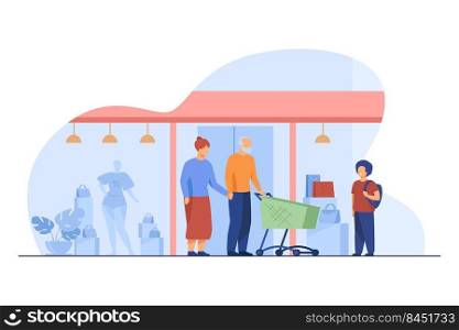 Senior couple and kid shopping in mall. Boy, grandparents, cart, store window flat vector illustration. Commerce, family, generation concept for banner, website design or landing web page