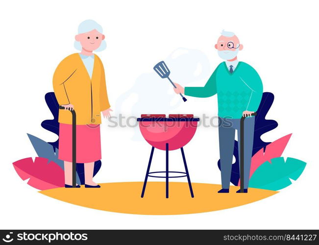 Senior couple cooking BBQ meat in garden. Old man with cane and spatula grilling steaks flat vector illustration. Leisure, summer, food concept for banner, website design or landing web page