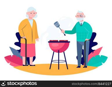 Senior couple cooking BBQ meat in garden. Old man with cane and spatula grilling steaks flat vector illustration. Leisure, summer, food concept for banner, website design or landing web page