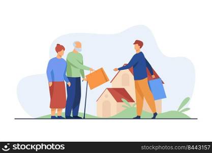 Senior couple exchanging packages with young man. House, grandfather, grandmother flat vector illustration. Communication and retirement concept for banner, website design or landing web page