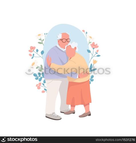 Senior couple flat concept vector illustration. Romantic relationship in old age. Love between man and woman. Happy family 2D cartoon characters for web design. Marriage anniversary creative idea. Senior couple flat concept vector illustration