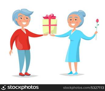Senior Couple Give Presents to Each Other Vector. Senior couple giving presents to each other, man with gift box and woman holding flower vector illustration isolated on white background