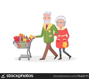 Senior couple grandmother and grandfather do shopping together. Elderly people with cart full of presents, wrapped gift boxes, spend time together, vector. Senior Couple Grandmother, Grandfather Do Shopping