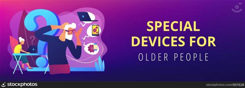 Senior couple modern gadgets handling problems. Low technical communication, trouble with using technology, special devices for older people concept. Header or footer banner template with copy space.. Low-technical communication concept banner header.