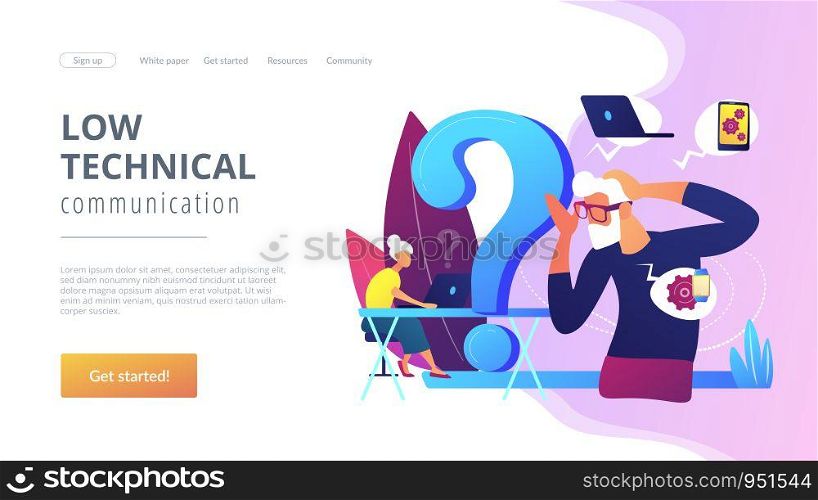 Senior couple modern gadgets handling problems. Low technical communication, trouble with using technology, special devices for older people concept. Website homepage landing web page template.. Low-technical communication concept landing page