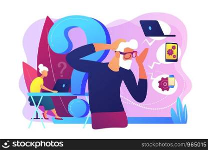Senior couple modern gadgets handling problems. Low technical communication, trouble with using technology, special devices for older people concept. Bright vibrant violet vector isolated illustration. Low-technical communication concept vector illustration