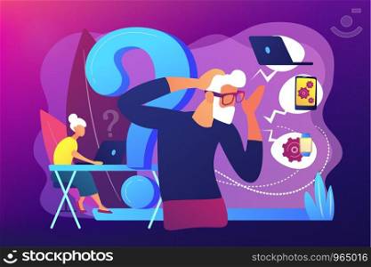 Senior couple modern gadgets handling problems. Low technical communication, trouble with using technology, special devices for older people concept. Bright vibrant violet vector isolated illustration. Low-technical communication concept vector illustration