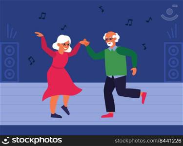 Senior couple on dance floor. Retro party, activity, leisure sign flat vector illustration. Retirement, relationship, lifestyle concept for banner, website design or landing web page