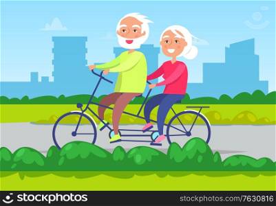 Senior couple riding double bicycle. Grandmother and grandfather cycling together . Elderly people healthy and active lifestyle. Vector illustration in flat cartoon style. Senior Couple Riding Double Bicycle Vector Image