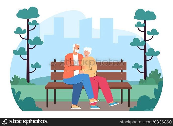 Senior couple sitting on bench in park flat vector illustration. Happy old man and woman hugging, looking at each other with tenderness, spending summer day together. Love, family concept