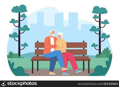 Senior couple sitting on bench in park flat vector illustration. Happy old man and woman hugging, looking at each other with tenderness, spending summer day together. Love, family concept