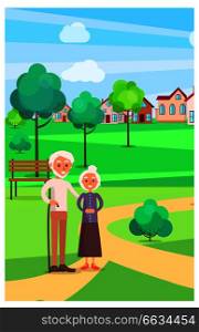 Senior couple standing on path in urban public park in summer time vector poster. People relaxing outdoors with trees and buildings on background. Senior Couple Standing on Path at Park in Summer