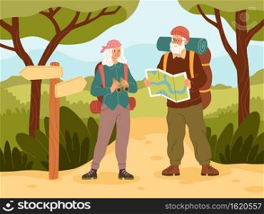 Senior couple vacation. Active elder people characters travel, grandfather and grandmother with backpack summer trip adventure, outdoor walking in woods. Trekking and hiking vector concept. Senior couple vacation. Active elder people characters travel, grandfather and grandmother with backpack summer adventure, outdoor walking in woods. Trekking and hiking cartoon vector concept