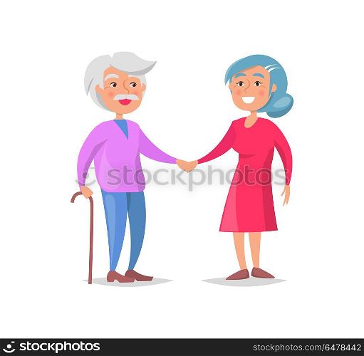 Senior Couple Walk Together, Grandma and Grandpa. Senior lady in red dress and gentleman with stick in purple sweater and blue jeans walk together holding hands vector illustration isolated on white background