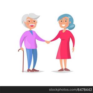 Senior Couple Walk Together, Grandma and Grandpa. Senior lady in red dress and gentleman with stick in purple sweater and blue jeans walk together holding hands vector illustration isolated on white background