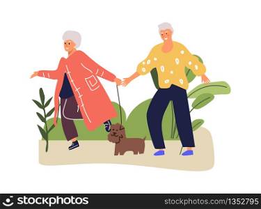 Senior couple walks in park with dog. Lovers romantic smile couple in autumn time. Cartoon vector elderly activity concept. Senior couple walks in park with dog. Cartoon vector elderly activity concept