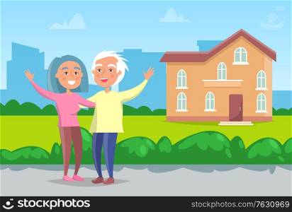 Senior couple with grey hair standing in front of house. Cheerful aged people, grandmother and grandfather. Building on background. Vector illustration in flat cartoon style. Senior Couple Standing in front of House Vector